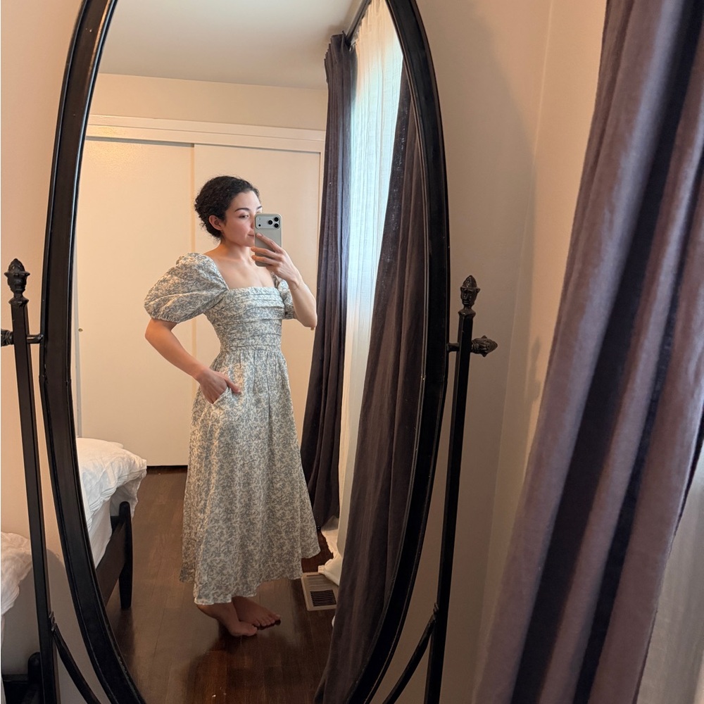 Smocked Square-Neck Puff Sleeve Maxi Dress in Floral Print Caramel Monster